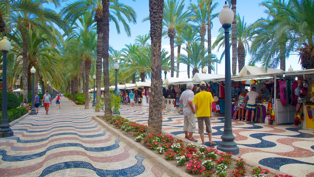 Explanada de Espana which includes a coastal town, street scenes and markets