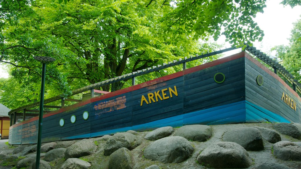 Folkets Park which includes a playground, signage and a garden