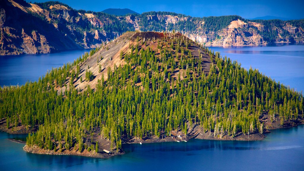 Crater Lake National Park which includes landscape views, island images and a lake or waterhole