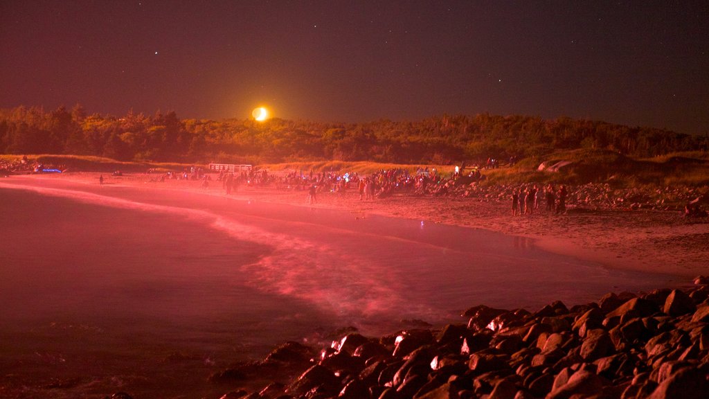 Crystal Crescent Beach which includes rocky coastline, landscape views and a sandy beach