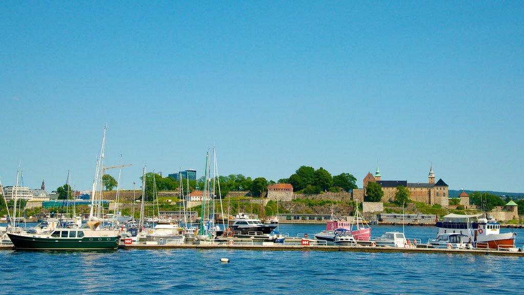 Aker Brygge showing a marina and a coastal town