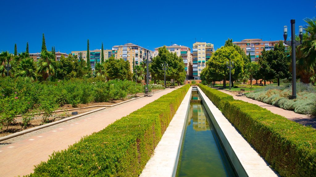 Parque Garcia Lorca showing a pond, a garden and a city