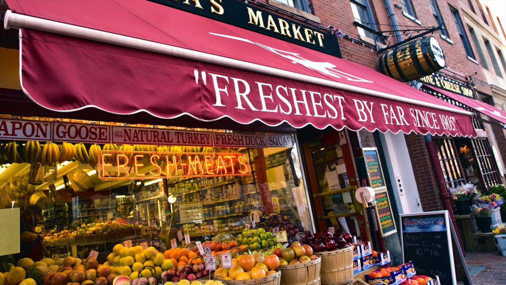 Beacon Hill showing markets, signage and food