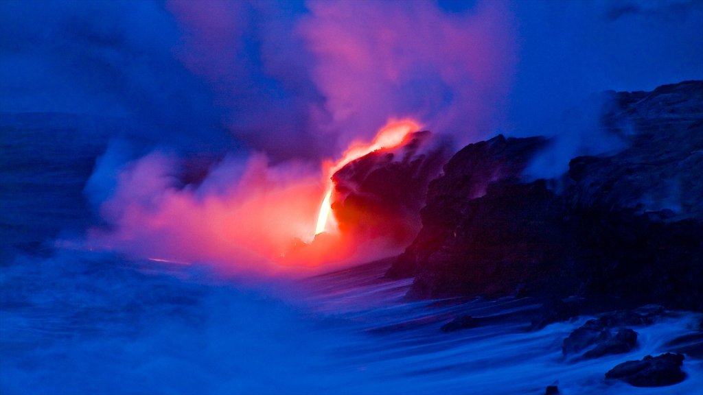 Pahoa which includes rugged coastline, night scenes and mist or fog