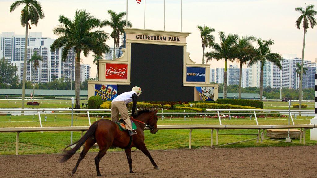 Gulfstream Park mostrando equitación y señalización y también un hombre