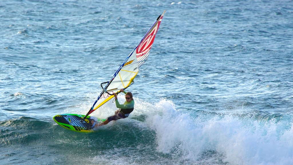 Hookipa Beach Park som omfatter windsurfing og surfing såvel som en mand