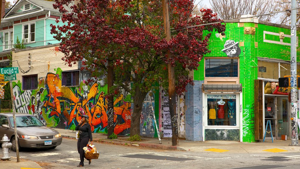 Little Five Points que inclui cenas de rua e arte ao ar livre assim como uma mulher sozinha