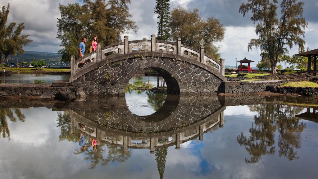 Liliuokalani Park and Gardens mostrando un estanque, un jardín y un puente