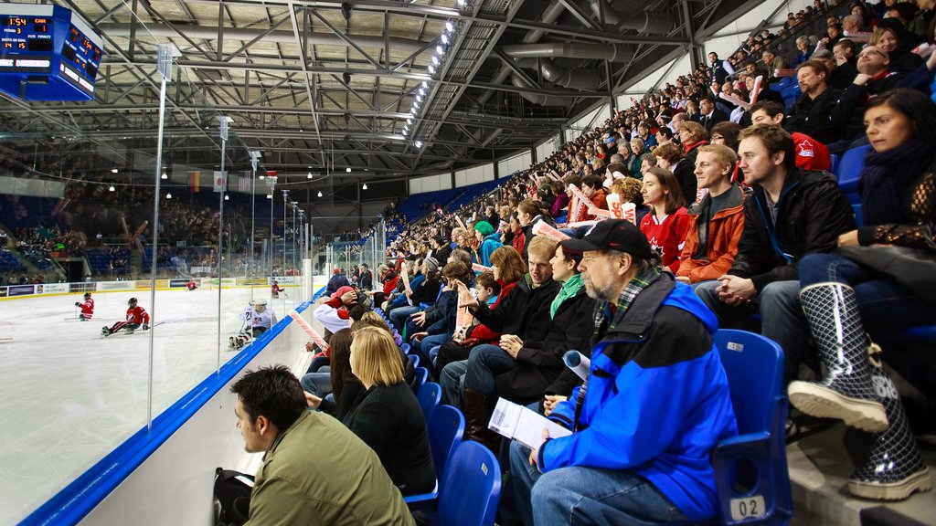 Doug Mitchell Thunderbird Sports Centre which includes a sporting event and interior views as well as a large group of people