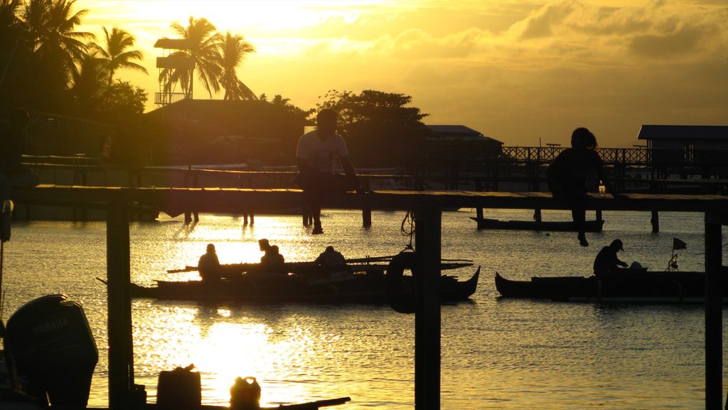 Malaysia which includes boating, tropical scenes and a sunset