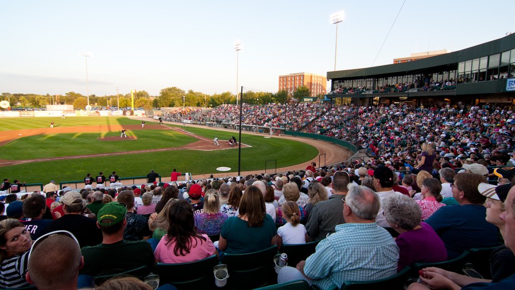 Fargo featuring a sporting event as well as a large group of people