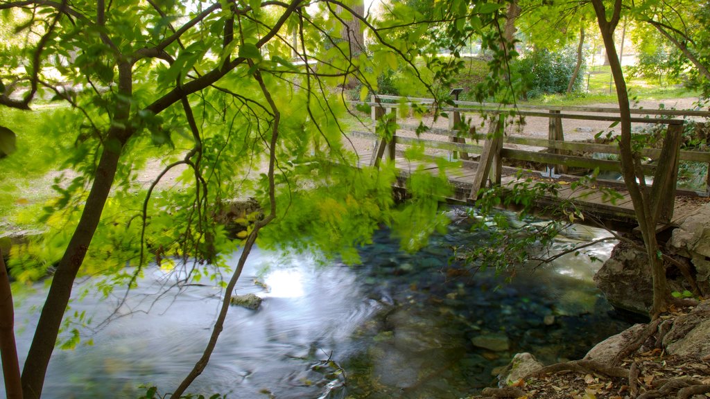 Parque Landa que incluye un río o arroyo, un puente y un jardín