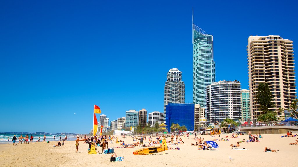 Playa de Surfers Paradise mostrando horizonte, una ciudad costera y una playa de arena