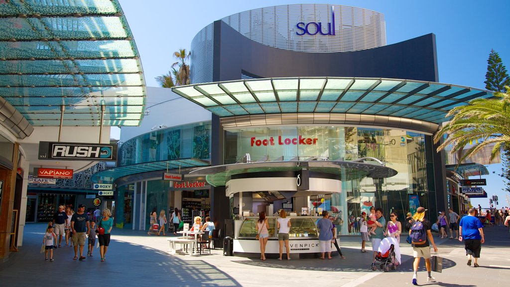 Surfers Paradise mostrando señalización, arquitectura moderna y una ciudad