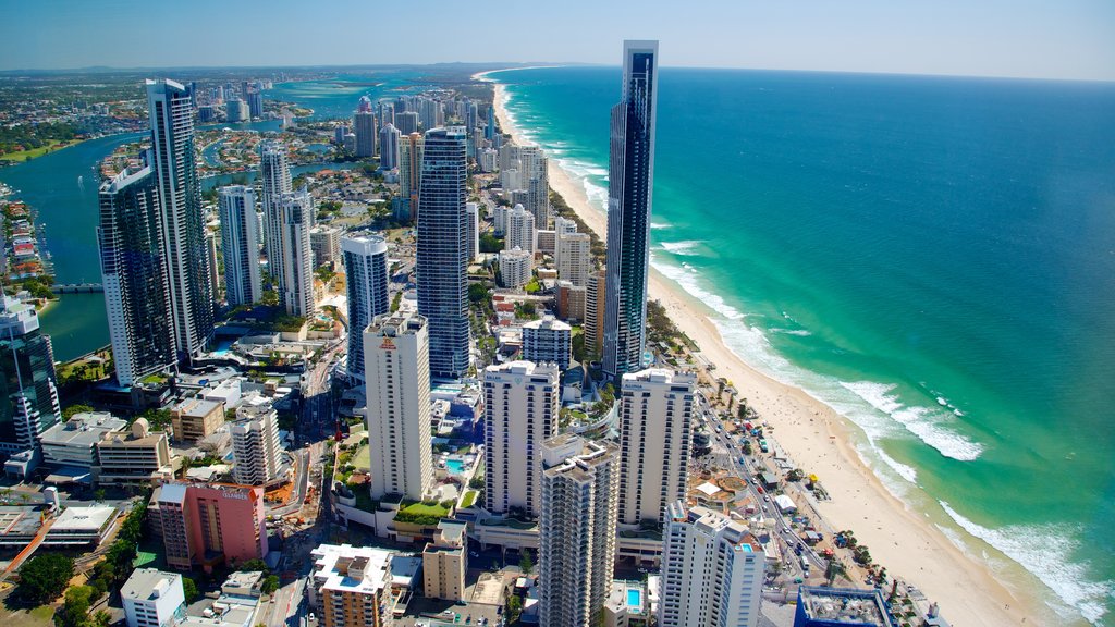 SkyPoint Observation Deck showing views, a sandy beach and central business district