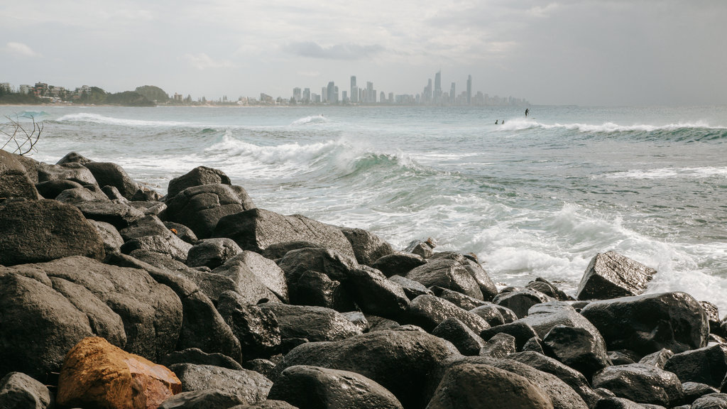 Burleigh Head National Park which includes rugged coastline, surf and general coastal views