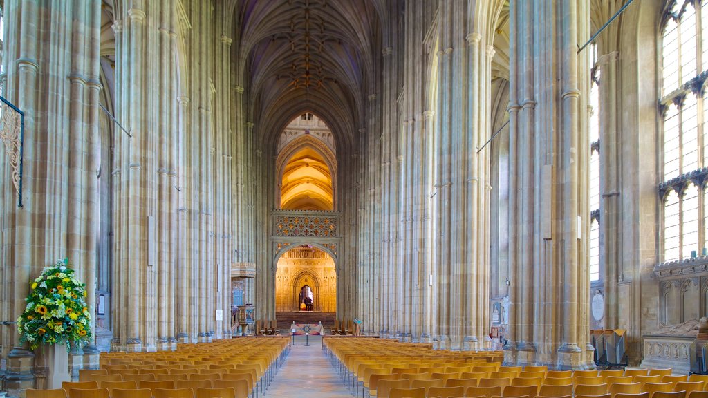 Canterbury Cathedral featuring interior views, a church or cathedral and religious elements