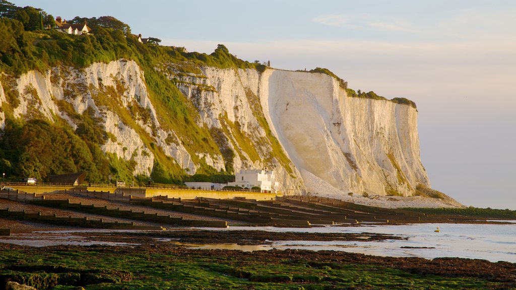 White Cliffs of Dover showing rocky coastline, a pebble beach and landscape views