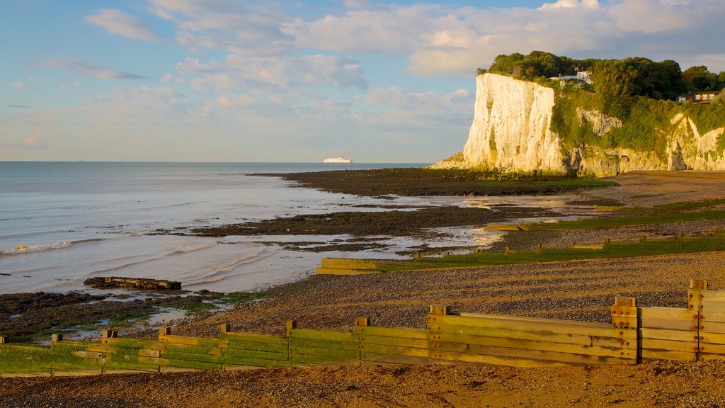 White Cliffs of Dover som omfatter en stenstrand og udsigt over landskaber