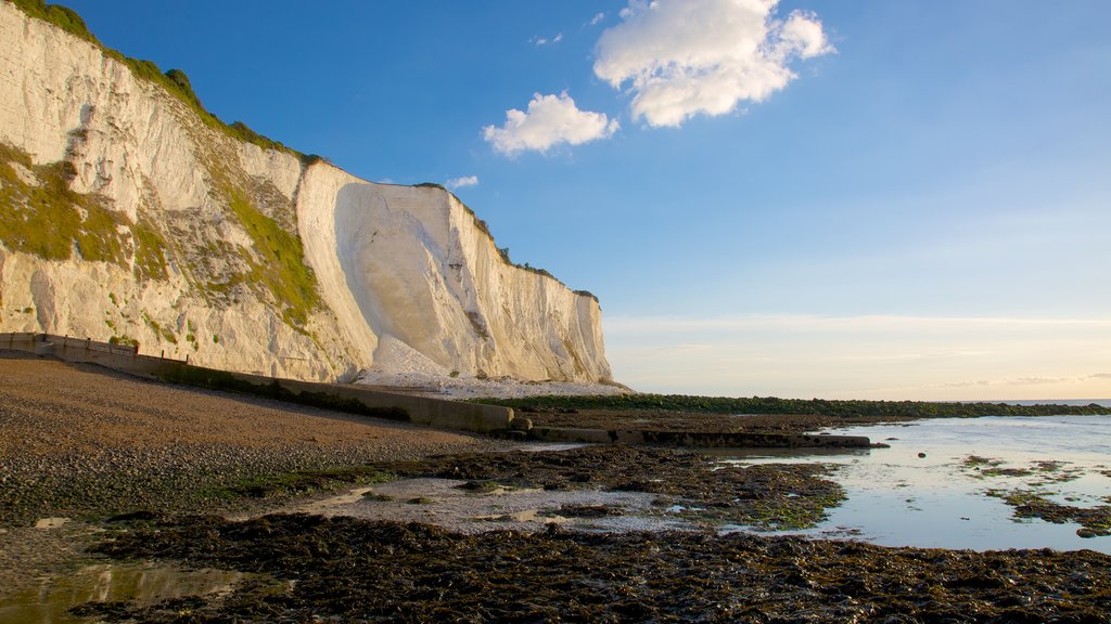 Penhascos Brancos de Dover caracterizando paisagem e uma praia de pedras