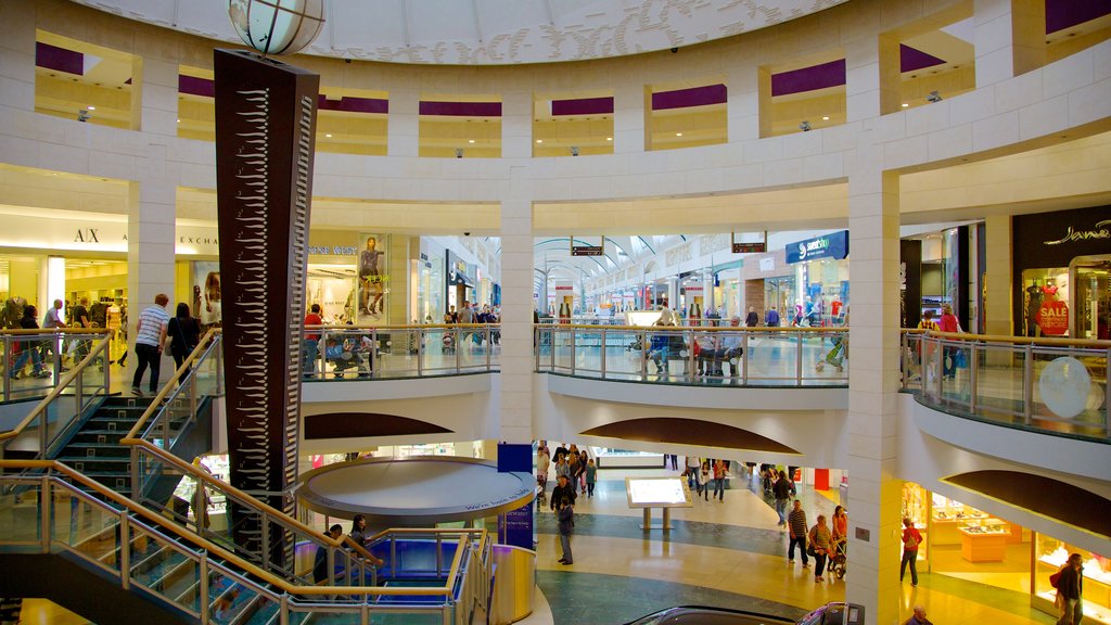 Bluewater Shopping Centre toont winkelen en interieur en ook een grote groep mensen