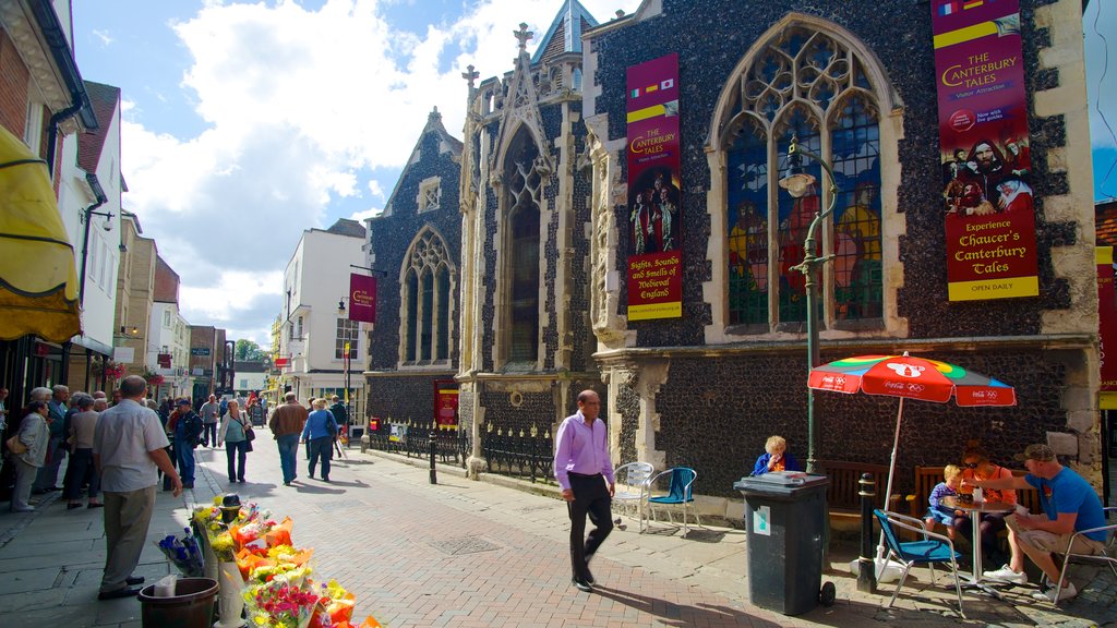 The Canterbury Tales mostrando comidas al aire libre, ambiente de café y imágenes de calles