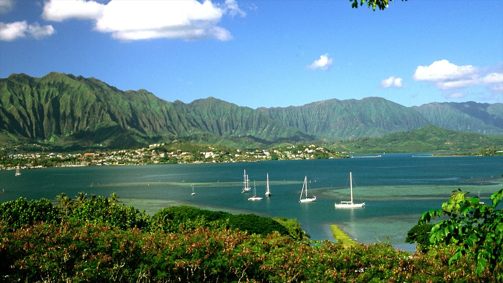 Kaneohe ofreciendo montañas, navegación y vistas generales de la costa