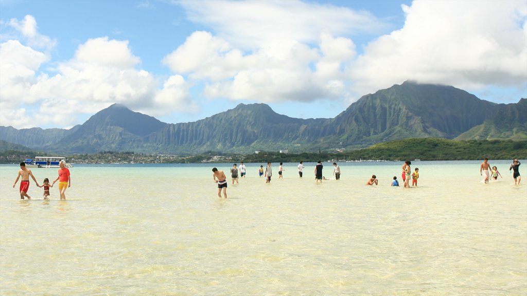 Kaneohe caracterizando uma praia de areia, natação e montanhas