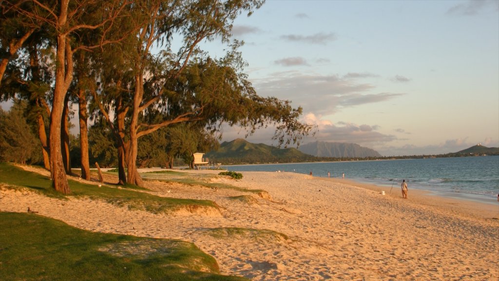 Waimanalo Beach mostrando una playa de arena, una puesta de sol y vistas de paisajes