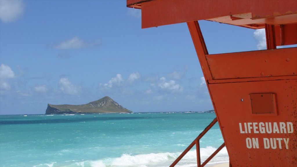 Waimanalo Beach showing landscape views, island images and a coastal town