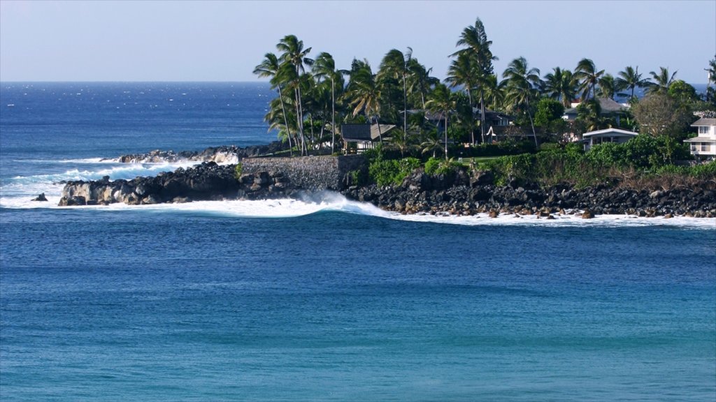 Waimea Bay ofreciendo vista panorámica, costa rocosa y escenas tropicales