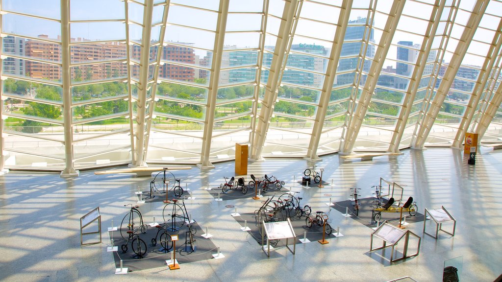 Ciudad de las Artes y las Ciencias mostrando arquitectura moderna, vistas interiores y una ciudad