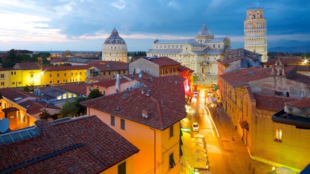 Leaning Tower showing a city and night scenes