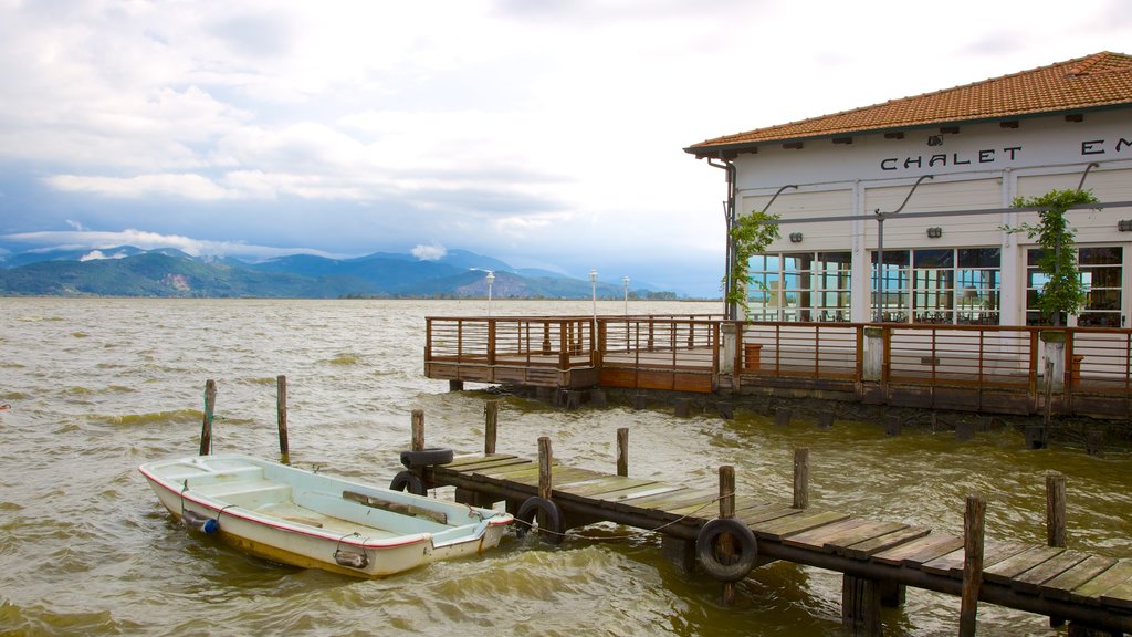 Massaciuccoli Lake featuring a lake or waterhole, a coastal town and a bridge