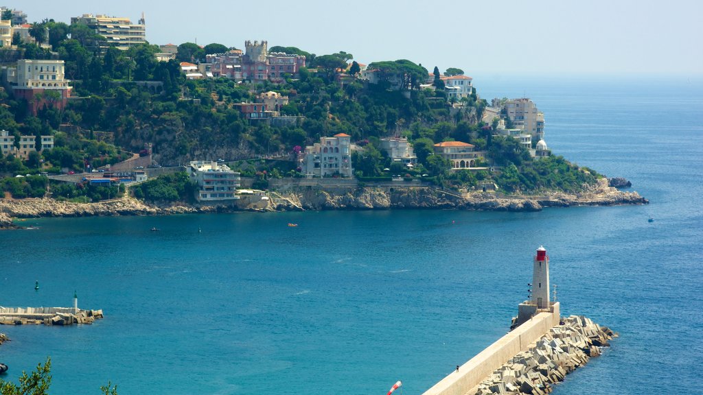 Castle Hill showing a coastal town, rocky coastline and a lighthouse