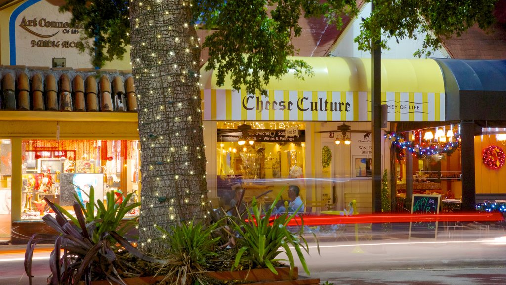 Las Olas Boulevard showing a city, signage and night scenes