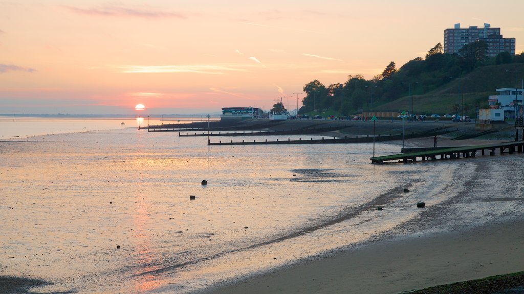 Southend-on-Sea mostrando vista general a la costa, un atardecer y una ciudad costera