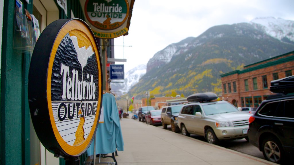 Telluride Ski Resort which includes street scenes and signage