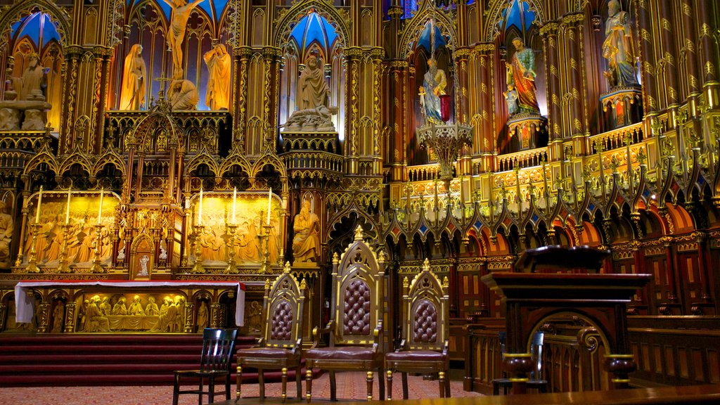 Notre Dame Basilica mostrando aspectos religiosos, vistas interiores y una iglesia o catedral