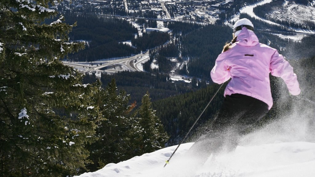 Mount Norquay Ski Resort ofreciendo nieve y esquiar en la nieve y también una mujer