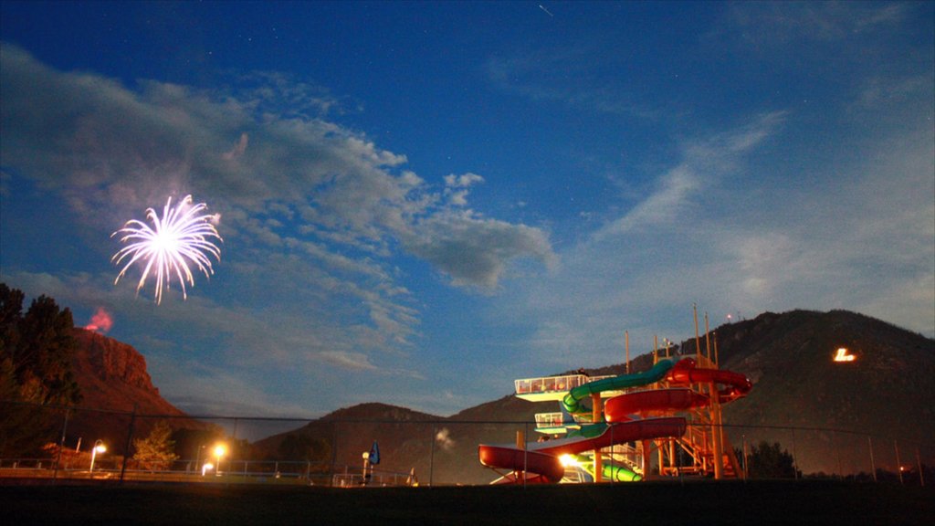 Lava Hot Springs showing a water park and night scenes