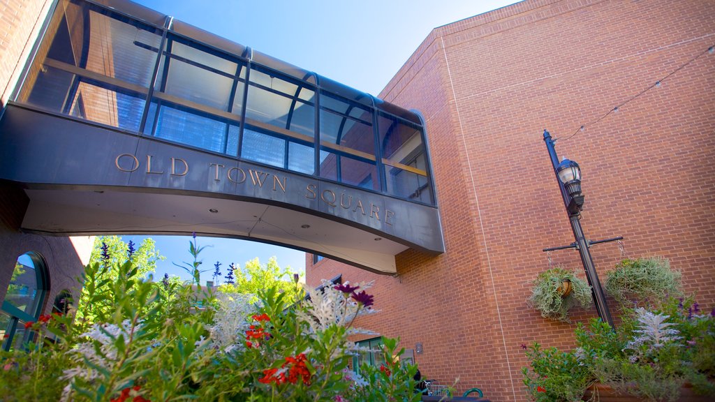 Fort Collins which includes a bridge, a garden and signage