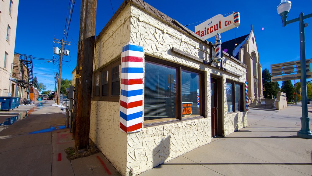 Laramie showing street scenes, signage and a small town or village