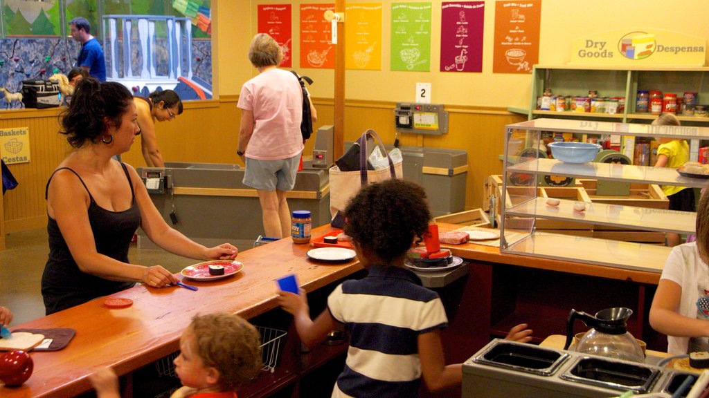 Portland Children\'s Museum which includes interior views and food