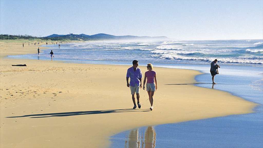 Coolum Beach que inclui uma praia de areia e paisagem assim como um casal