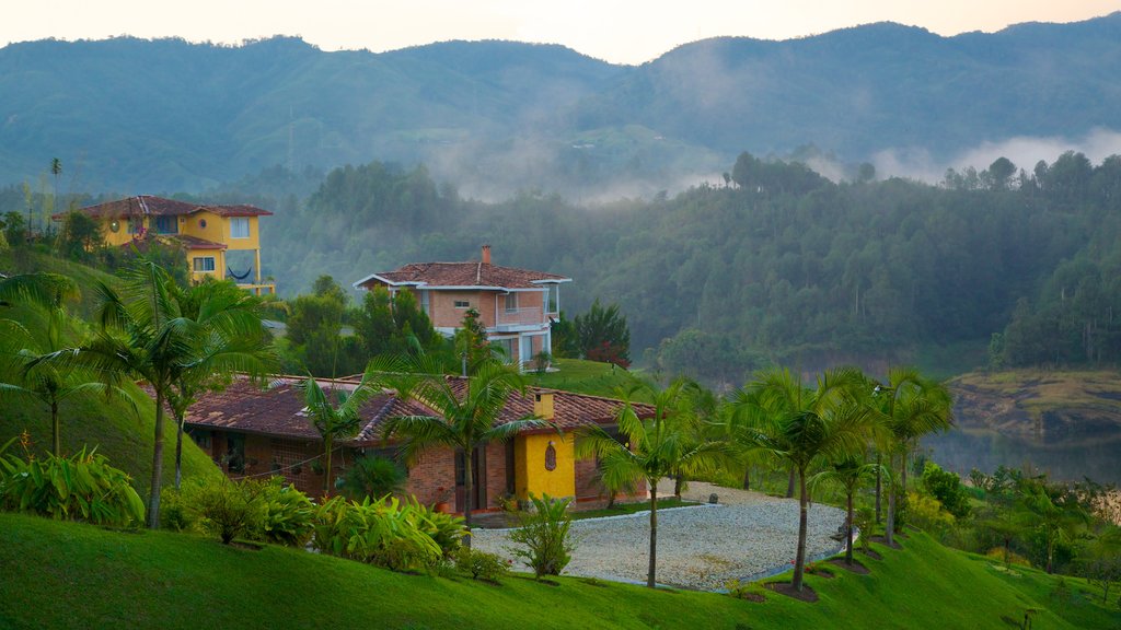 Rock of Guatape showing mist or fog, tranquil scenes and a house