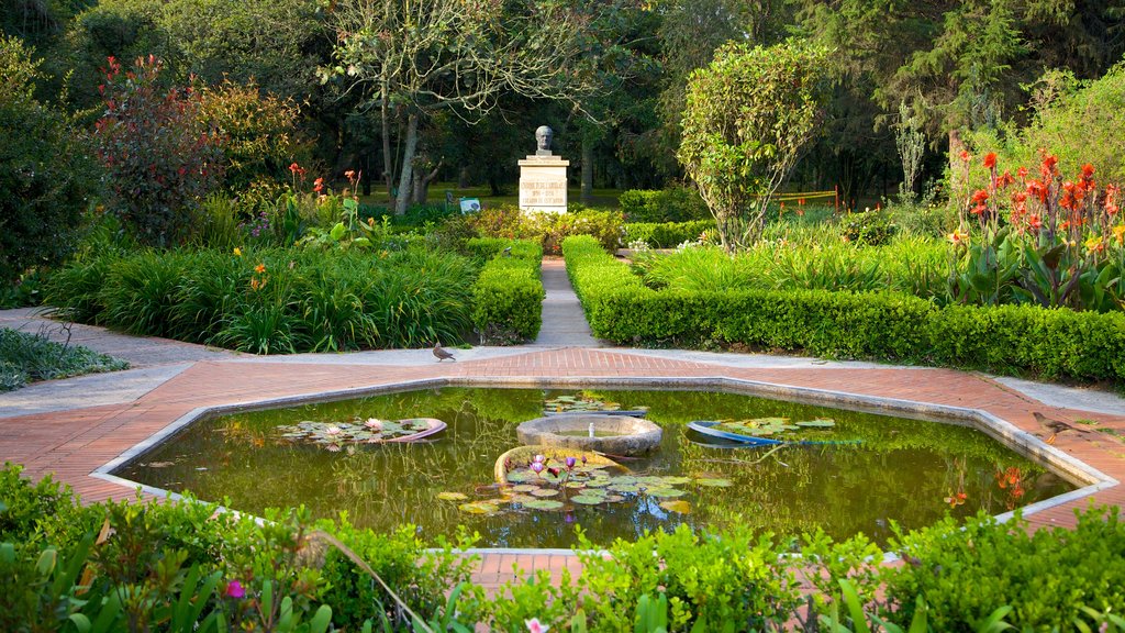 Jardim Botânico de Bogotá mostrando um parque, um lago e uma fonte