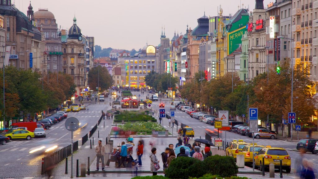 Wenceslas Square featuring street scenes, a city and heritage architecture