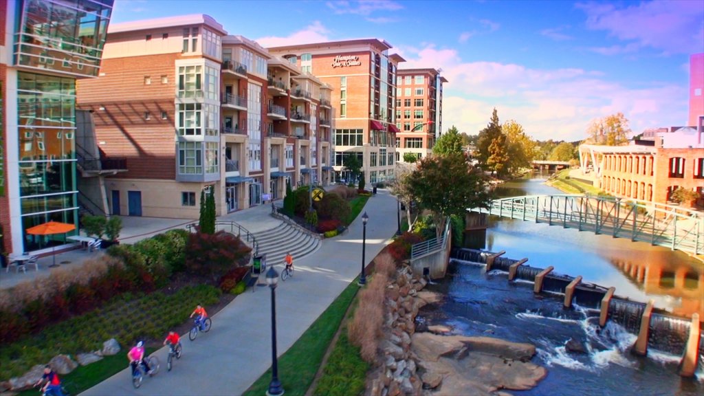 Greenville showing a river or creek, a bridge and a city