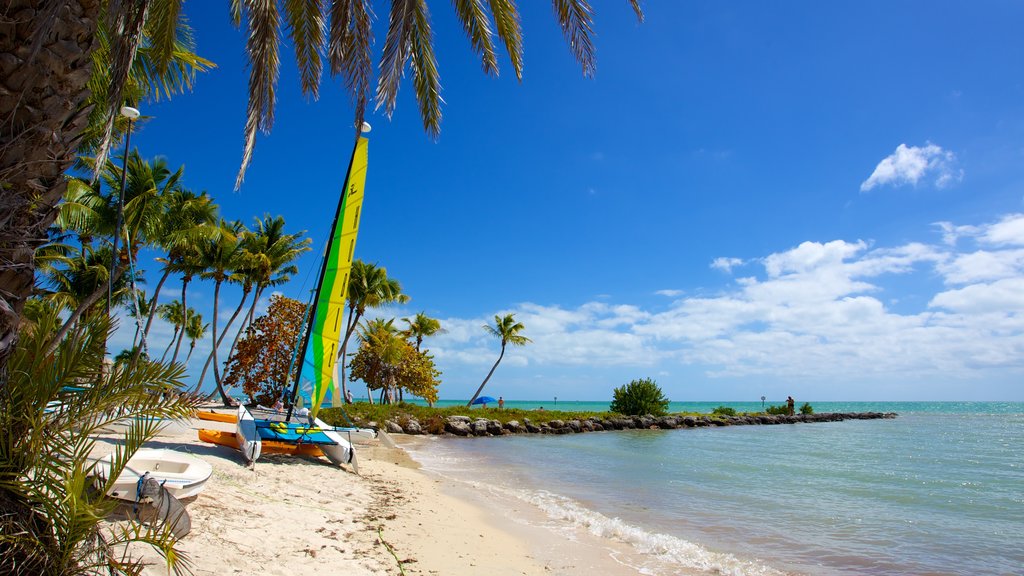 Smathers Beach que incluye escenas tropicales, botes y una playa